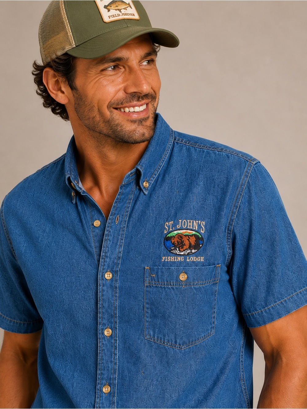 St. John’s Fishing Lodge Bear Embroidered Chambray Button Up Shirt Large Fit